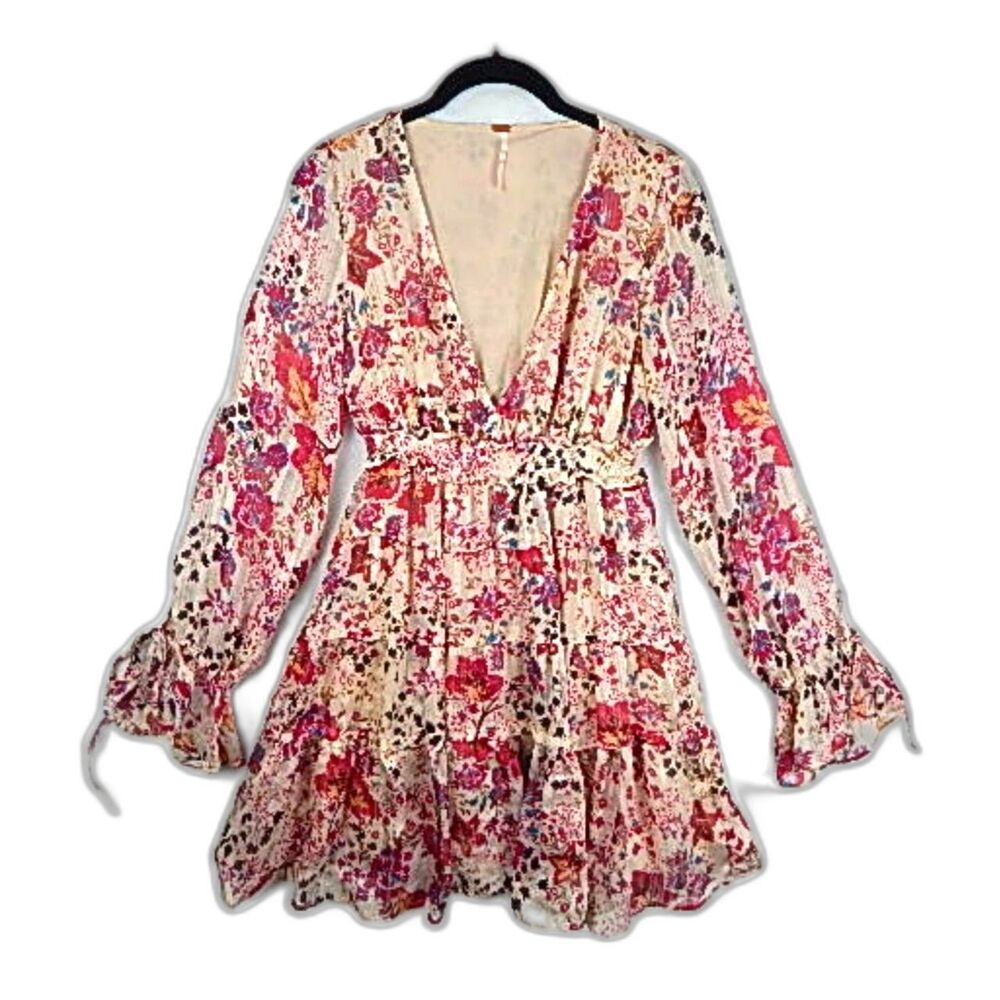Free People Pink Floral Midi Dress Small S Cottagecore Boho Smocked Waist Ruffle